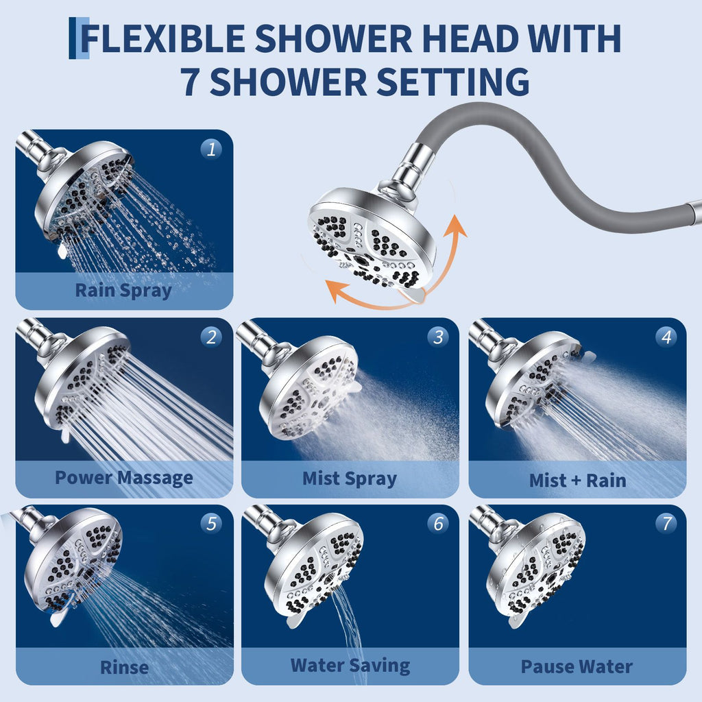 Adjustable 18-Inch Flexible Shower Head with Wall-Mounted Design, 7 Spray Settings, Easy DIY Installation for Low & High Pipes, Anti-Clog Nozzles, Powerful Massage Feature,for Shower Use Only