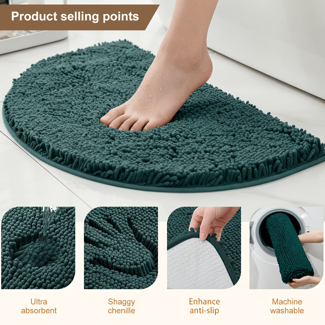 Semi-circular Dark Green Chenille Floor Mat, Thickened, Water-absorbing, And Anti-slip, Perfect for Entryway, Bathroom, And Toilet Area, As Well As A Splash Guard for Cat Litter Boxes In Households with Cats. Ideal for Holiday Gifts