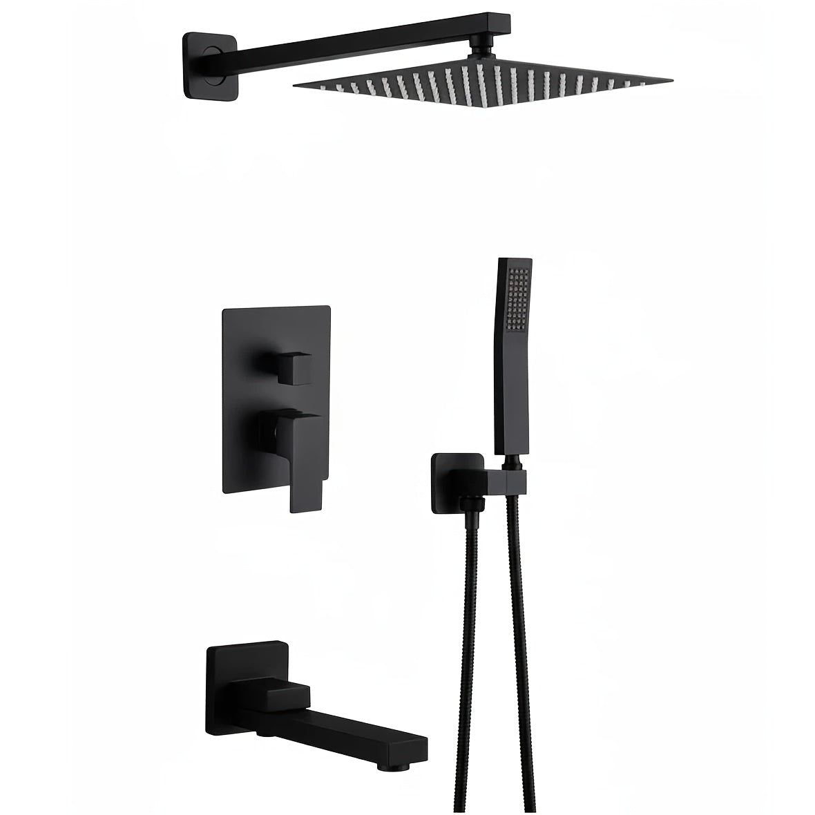 Copper Core Shatter-Resistant 3-Setting Shower System, Modern Matte Black Square Rainfall Shower Head with Handheld Sprayer, Tub Spout And Shower Valve Trim Kit, Durable Bathroom Shower Faucet Set