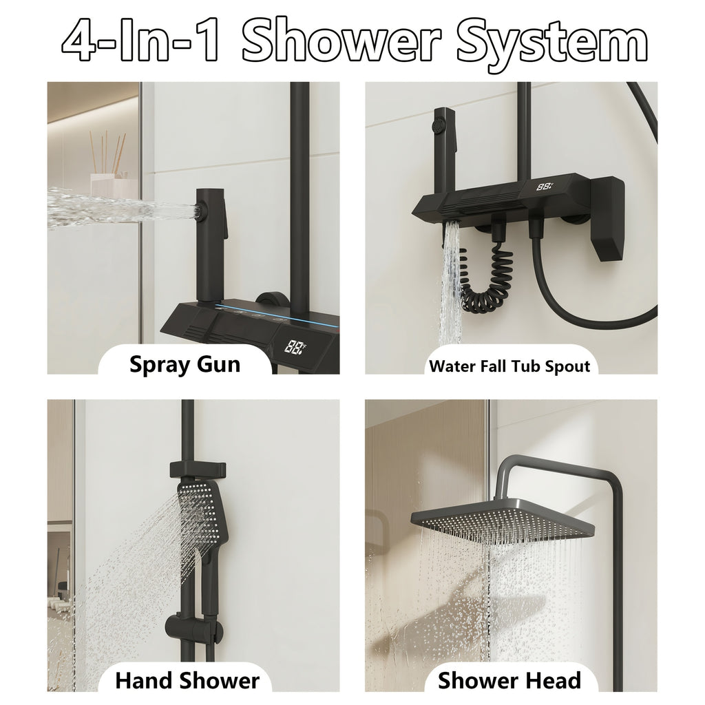 Shower Head Black, 4-In-1 Shower System, with LED Temperature Display, Ceramic Valve And Multi-Function Spray, Shower Head with Easy-clean Silicone Nozzles