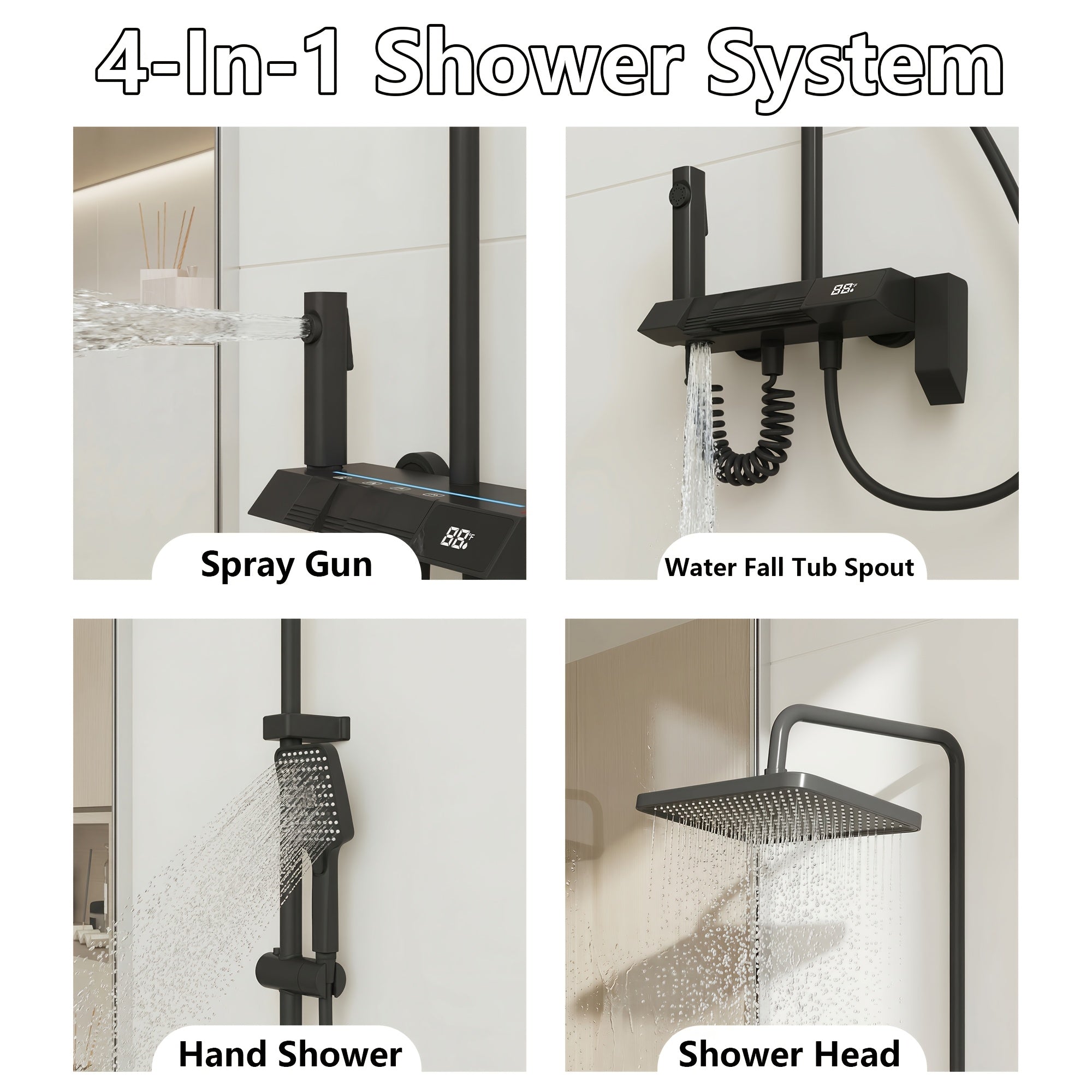 Shower Head Black, 4-In-1 Shower System, with LED Temperature Display, Ceramic Valve And Multi-Function Spray, Shower Head with Easy-clean Silicone Nozzles