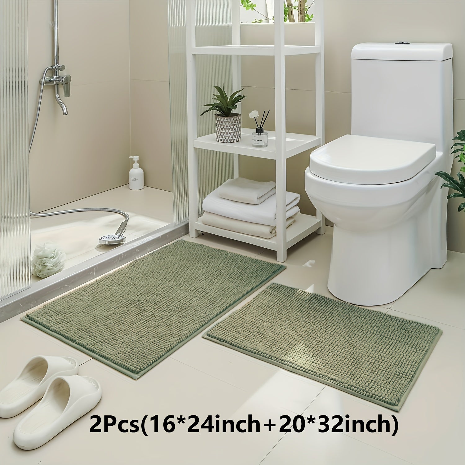 Non-Slip | Soft Absorbent 2pcs Non-Slip Chenille Bath Mat | 16*24 Inch + 20*32 Inch | Soft Absorbent Shower Rug for Bathtub, Toilet, Shower, Entryway - Machine Washable, Thick Cushioning, Quiet Step, Fits Small Bathrooms