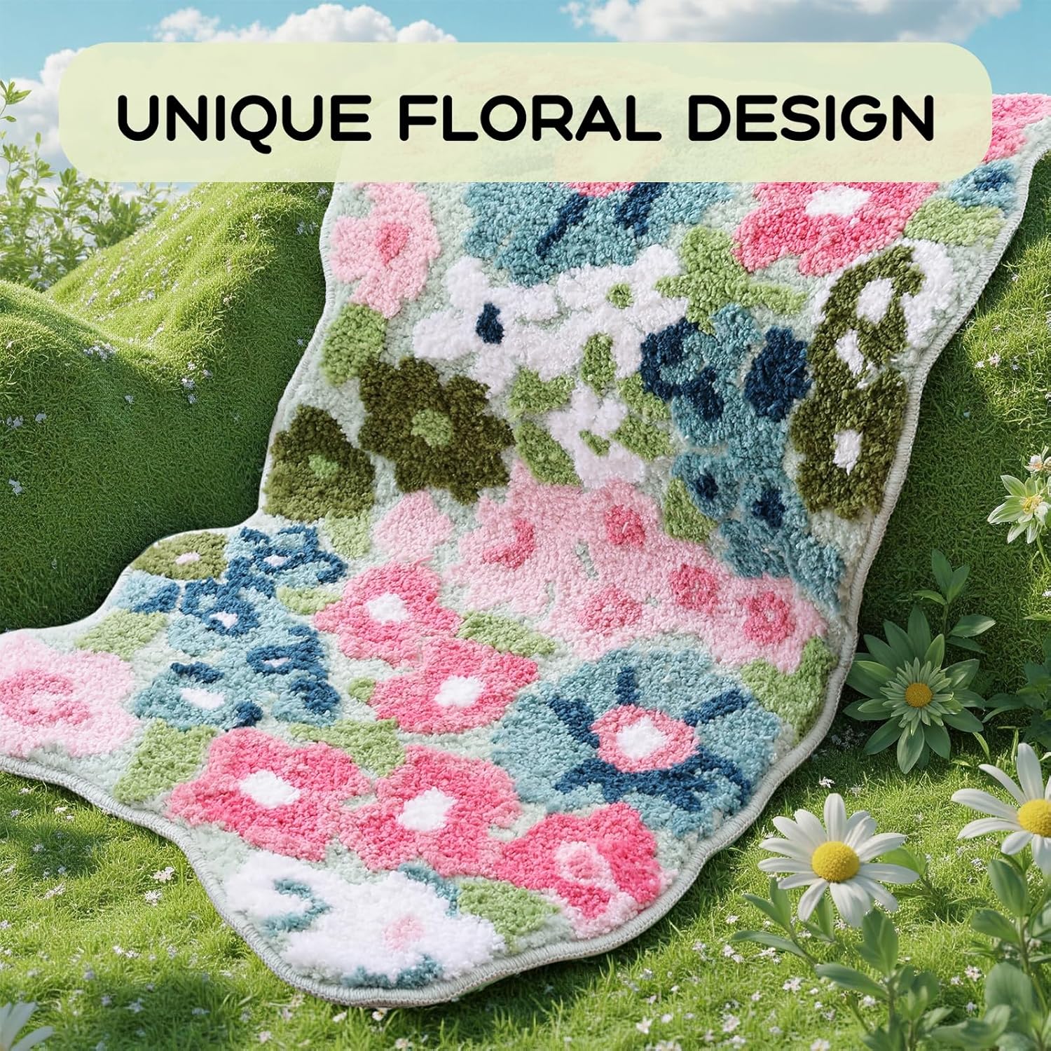 Wildflower Bath Rug Suitable for Bath Mat, Non-Slip Tufted Soft with Wildflower Pattern, Washable Green Mat Suitable for Bathtub, Dressing Table, Entryway, Farmhouse Country Decor, Thick Cushioning for Small Spaces