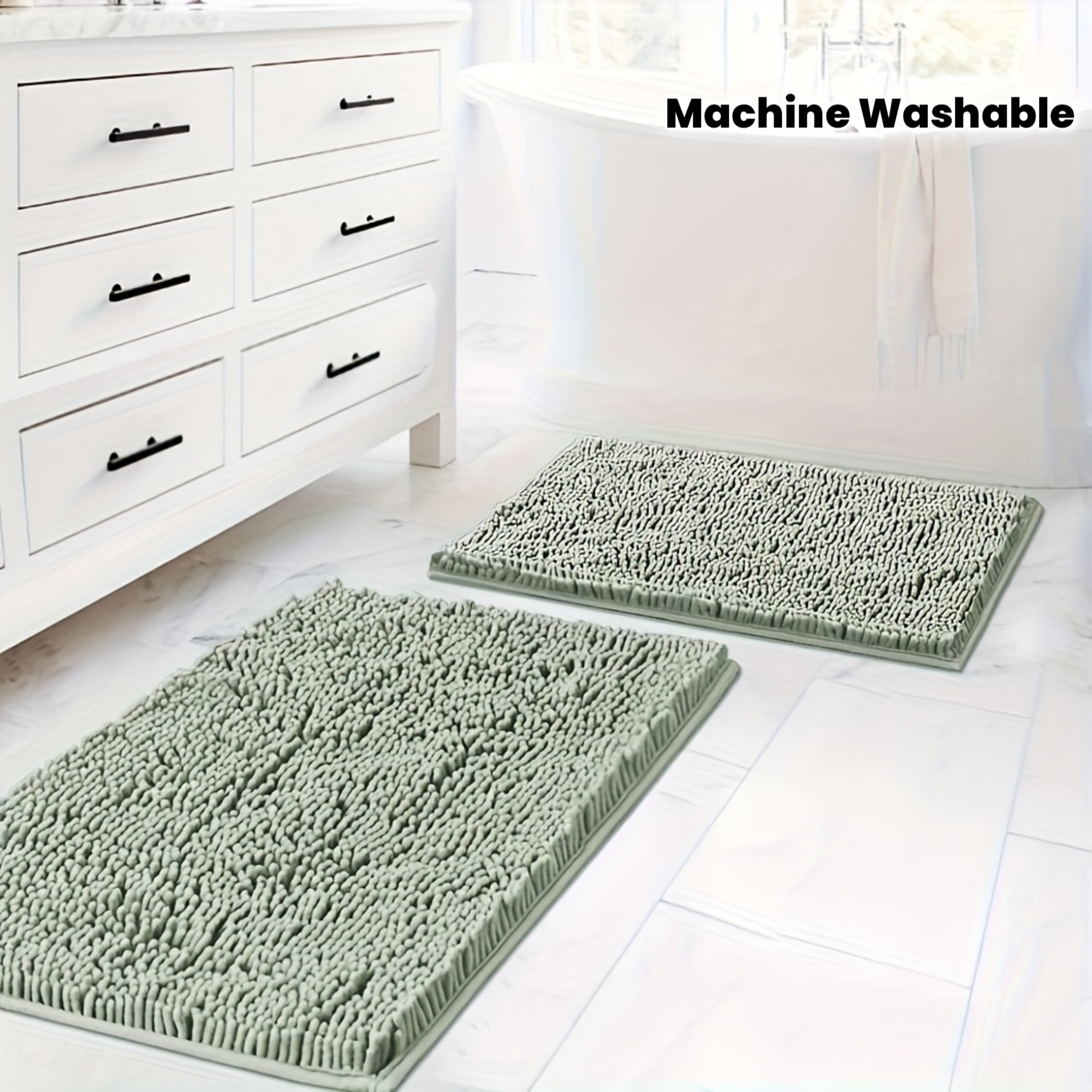 Non-Slip | Soft Absorbent 2pcs Non-Slip Chenille Bath Mat | 16*24 Inch + 20*32 Inch | Soft Absorbent Shower Rug for Bathtub, Toilet, Shower, Entryway - Machine Washable, Thick Cushioning, Quiet Step, Fits Small Bathrooms