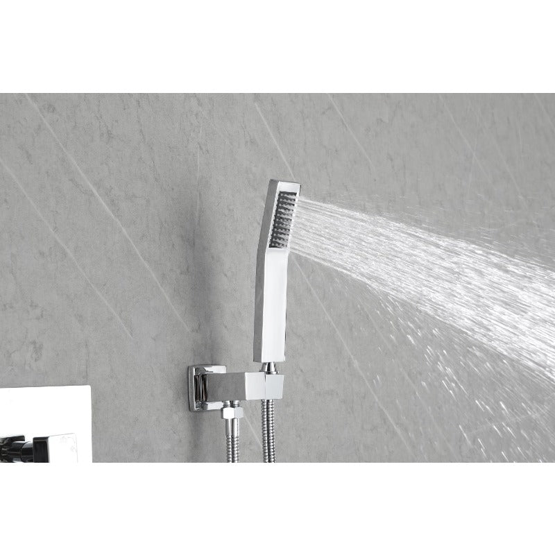 A Shower System That Is Mounted on The Wall, Featuring a Hand Shower, a 12-Inch Shower Head, And a Tub Spout, Guaranteed for Quality
