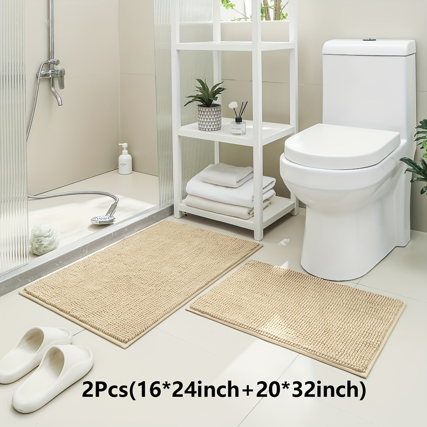 Non-Slip | Soft Absorbent 2pcs Non-Slip Chenille Bath Mat | 16*24 Inch + 20*32 Inch | Soft Absorbent Shower Rug for Bathtub, Toilet, Shower, Entryway - Machine Washable, Thick Cushioning, Quiet Step, Fits Small Bathrooms