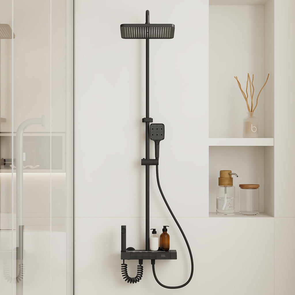 Shower Head Black, 4-In-1 Shower System, with LED Temperature Display, Ceramic Valve And Multi-Function Spray, Shower Head with Easy-clean Silicone Nozzles