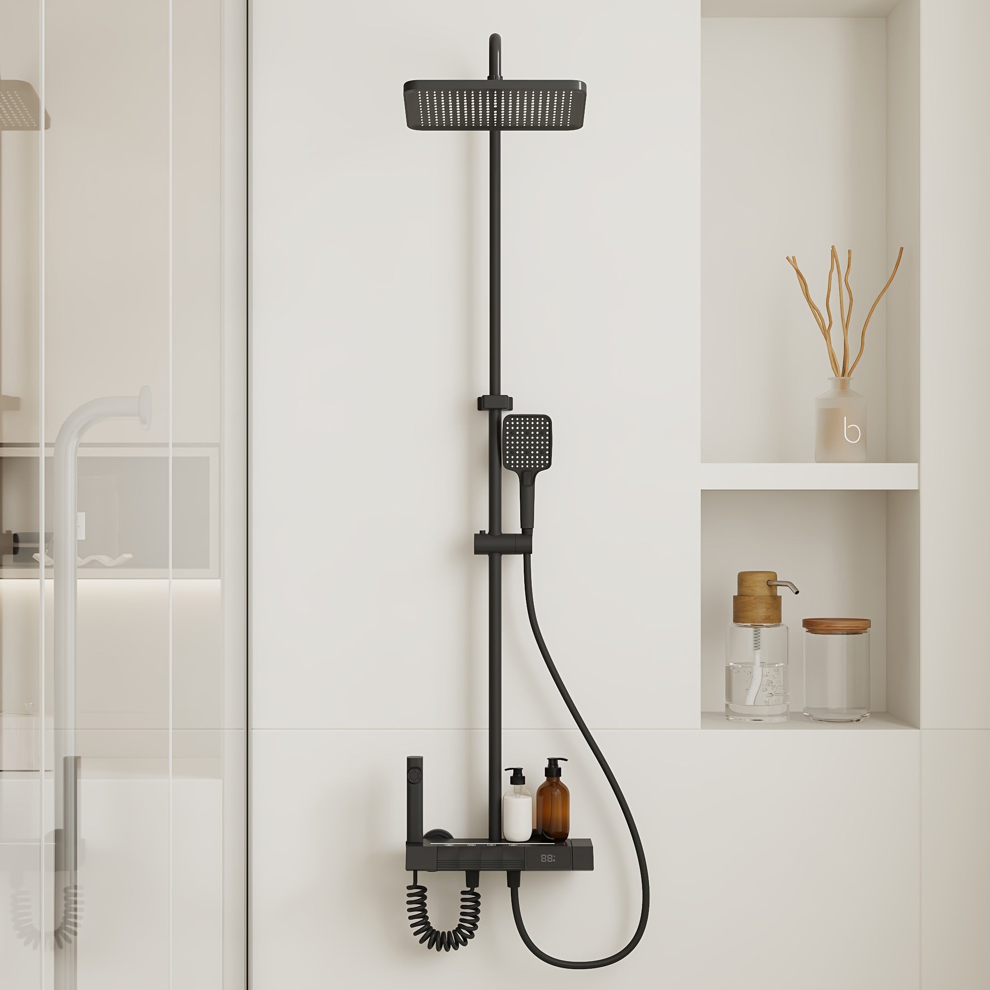 Shower Head Black, 4-In-1 Shower System, with LED Temperature Display, Ceramic Valve And Multi-Function Spray, Shower Head with Easy-clean Silicone Nozzles