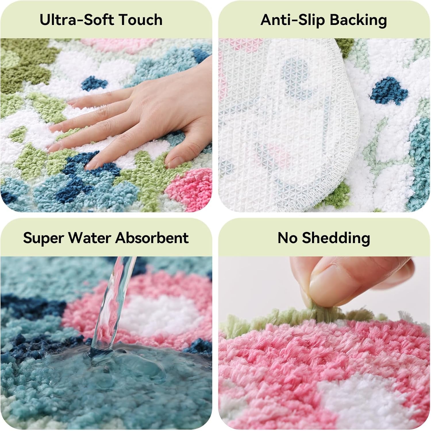Wildflower Bath Rug Suitable for Bath Mat, Non-Slip Tufted Soft with Wildflower Pattern, Washable Green Mat Suitable for Bathtub, Dressing Table, Entryway, Farmhouse Country Decor, Thick Cushioning for Small Spaces