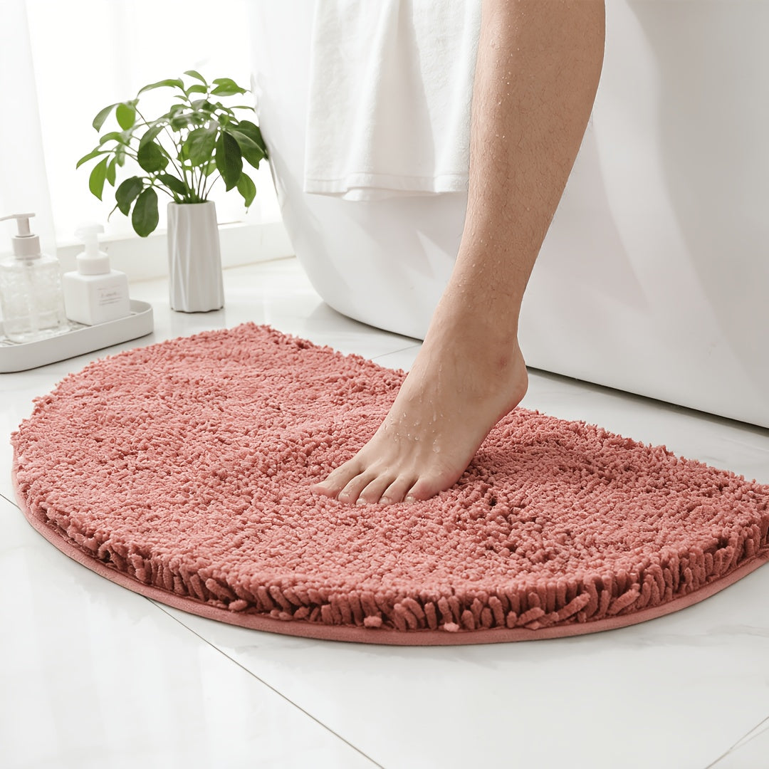 Non-Slip Water-Absorbing Semi-Circular Floor Mat Suitable for Entryway, Bath & - Chenille with TPR Backing, Machine Washable Soft Bean-Paste Pink for Pets, Families, Holiday Gifts, Thick Cushioned Floor