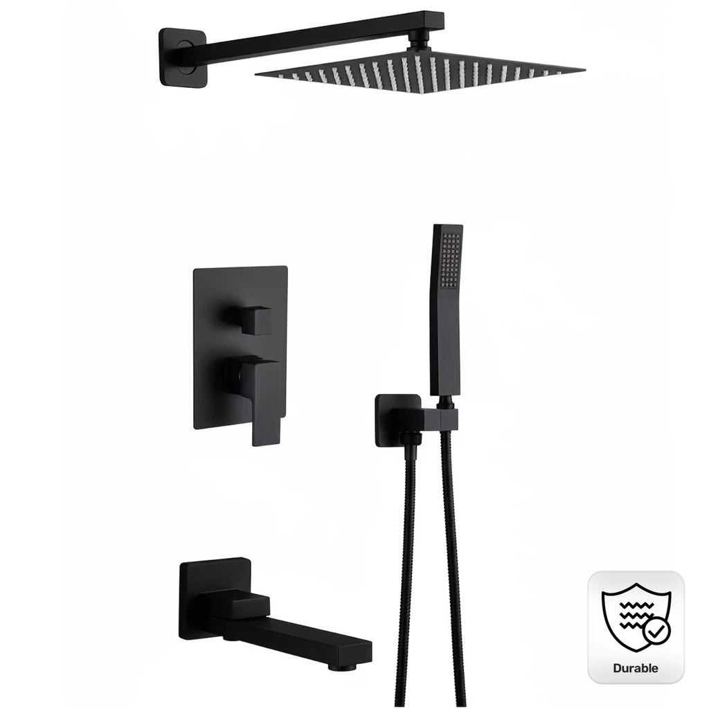 Copper Core Shatter-Resistant 3-Setting Shower System, Modern Matte Black Square Rainfall Shower Head with Handheld Sprayer, Tub Spout And Shower Valve Trim Kit, Durable Bathroom Shower Faucet Set