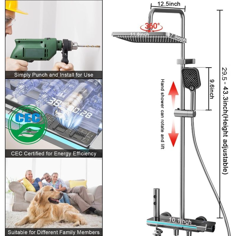 Shower Faucet Sets Complete Thermostatic Shower System Piano-Digital Shower Combo Wall-Mounted Shower Trim Kit with 11.8\