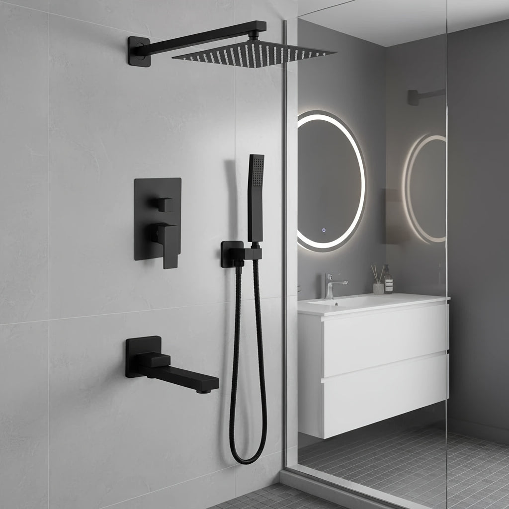 Copper Core Shatter-Resistant 3-Setting Shower System, Modern Matte Black Square Rainfall Shower Head with Handheld Sprayer, Tub Spout And Shower Valve Trim Kit, Durable Bathroom Shower Faucet Set